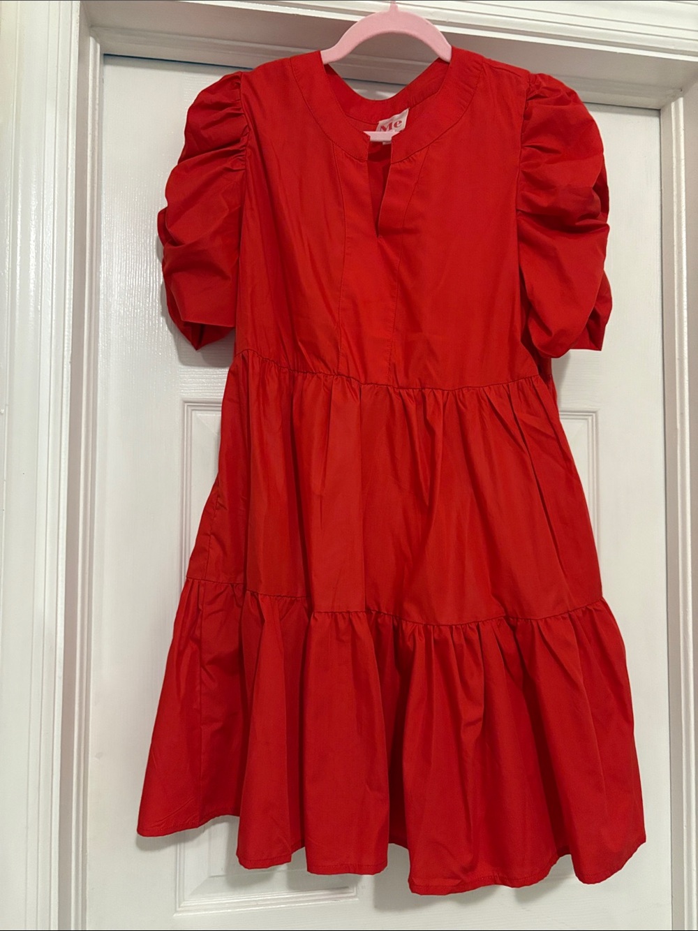 So Me Red Puff-Sleeve Tiered Casual Dress
